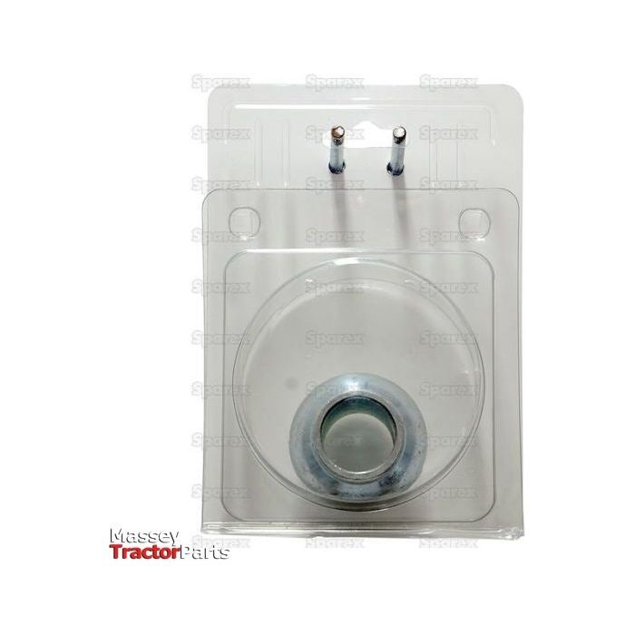 Packaged Top Link Ball (Cat. 2/2) made of 20Mncr5 Steel with a central hole, labeled "Sparex" and featuring the "Massey Tractor Parts" logo in the bottom-left corner. Model S.23008 with two mounting pins included in the packaging.