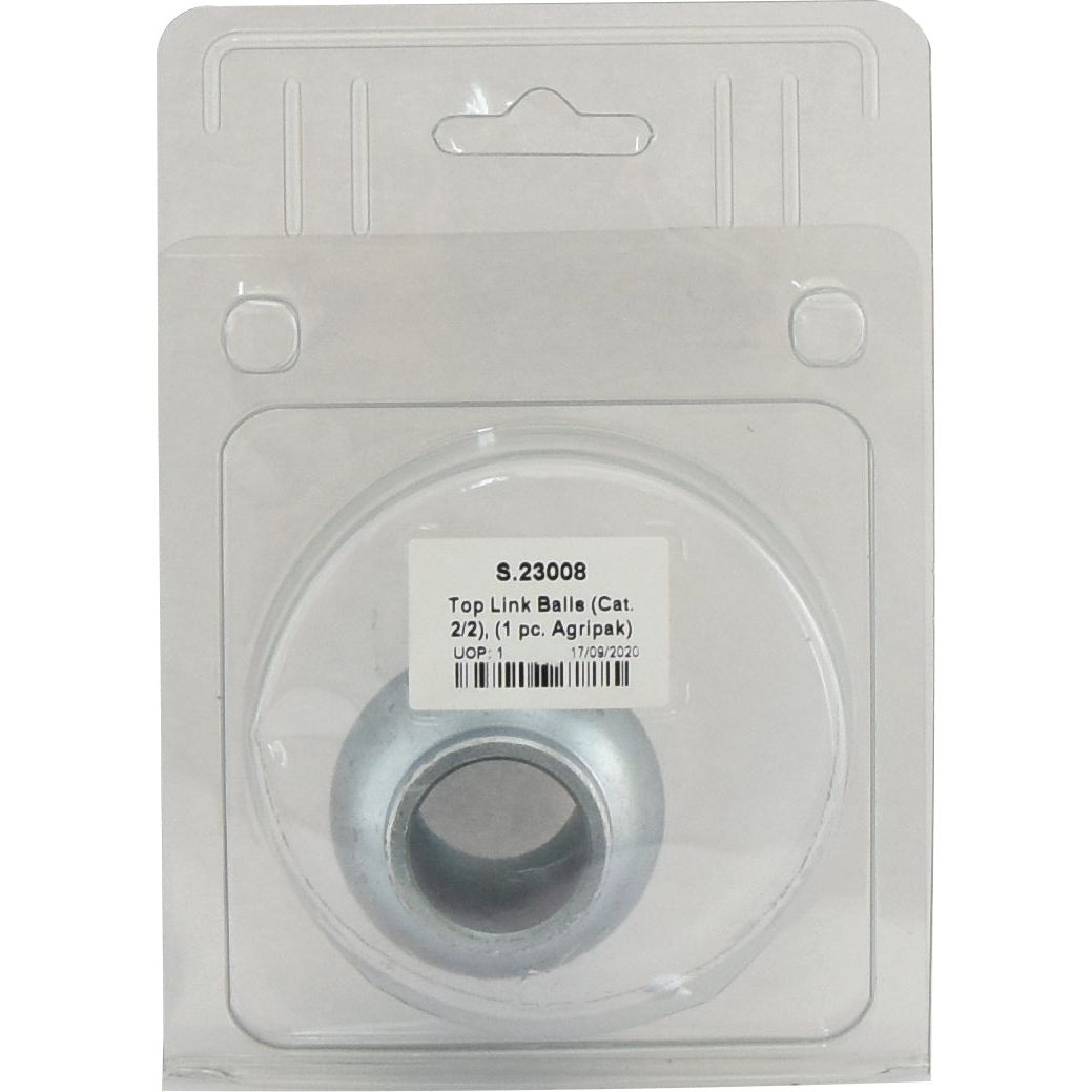 The Sparex Top Link Balls (Cat. 2/2), packaged in a single-piece Agripak plastic container, includes a metal top link ball made from durable 20Mncr5 Steel, with a label that clearly displays the product details, including its S.23008 identifier.