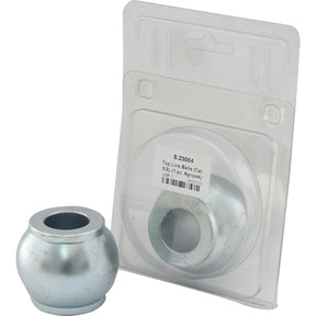 A metal top link ball made from 20MnCr5 steel sits next to its packaged counterpart, which is encased in clear plastic by Sparex and labeled "Top Link Balls (Cat. 3/2), (1pc. Agripak) - S.23004.