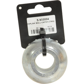 Displayed against a plain background, the Top Link Balls - S.933004 by Sparex features a toplink ball attachment labeled S.933004 with a tag indicating "Toplink Ball-CAT2/3 (TAG)" and a barcode, providing an ideal alternative to 23004 while ensuring compatibility and reliability.
