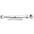 Sparex Top Link (Cat.1/1) Ball and Ball, 1 1/8'', with a minimum length of 724.6mm (S.15595), featuring silver adjustable links with spherical rod ends and a pin placed below it, ideal for tractor implements, isolated on a white background.