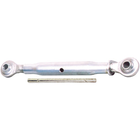 The Sparex S.15315 Top Link (Cat.1/2) Ball and Ball features a metal turnbuckle with two eyelets, a metal pin, and an adjustable thread size, with a minimum length of 350mm and a diameter of 1 1/8 inches.
