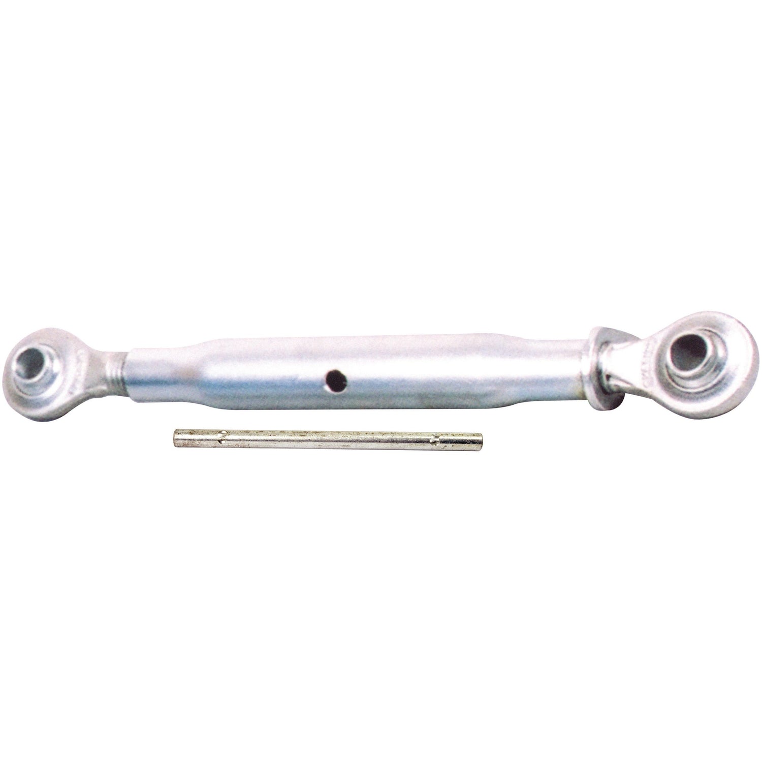The Sparex Top Link (Cat.1/2) Ball and Ball, S.394, is a silver metal turnbuckle with circular ball ends, featuring a robust 1 1/8'' centre tube and an accompanying cylindrical pin, with a minimum length of 495mm.