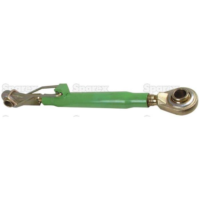 The Top Link (Cat.20mm/2) Ball and Ball, 1 1/8'', Min. Length: 549mm - S.494261 from Sparex is a green and gold tractor implement part equipped with adjustable end connections and a ball locking collar, designed for connecting and stabilizing tractor components.