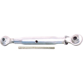 The Sparex Top Link (Cat.2/2) Ball and Ball, 1 1/8'', Min. Length: 360mm - S.15317 features a metal turnbuckle with threaded ends and a metal pin located below it, designed for adjusting tension in connections. It is ideal for use with 100hp tractor accessories and as a Sparex replacement part.
