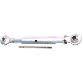 A metal turnbuckle or strut rod with holes at both ends and an additional rod placed below it, often used in tractor end assemblies for stability. 

Using the product data:
The Sparex Top Link (Cat.2/2) Ball and Ball, 1 1/8'', with a minimum length of 510mm - S.364 is frequently used in tractor end assemblies to provide enhanced stability.