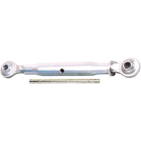 The Top Link (Cat.2/2) Ball and Ball, 1 1/8'' by Sparex, featuring a central adjustable shaft with a hole and threaded rods with eyelets at both ends, laid out parallel to a separate cylindrical metal pin, is suitable for various tensioning applications. Its minimum length is 535mm. For more information on its manufacture, refer to our technical guide (S.314).