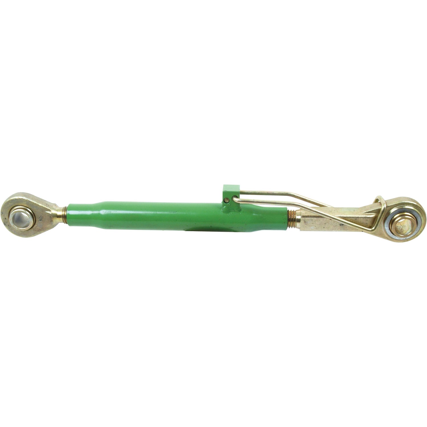 A green Top Link (Cat.2/2) Ball and Ball from Sparex, featuring gold-colored attachments on both ends and an adjustable tube length of a minimum 549mm, used in heavy machinery like John Deere tractor parts.