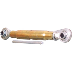A gold-colored hydraulic cylinder, known as the Top Link (Cat.2/2) Ball and Ball, 1 1/8'', from Sparex (S.15311), featuring two silver rod end bearings and a separate rod, with a minimum length of 940mm.