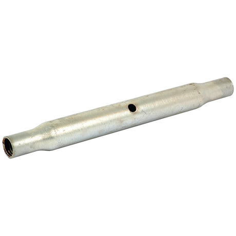 The Top Link Centre Tube - S.330 by Sparex is a cylindrical metal pipe featuring a small hole near the center and visible threading inside both ends, making it ideal for various applications requiring secure connections.