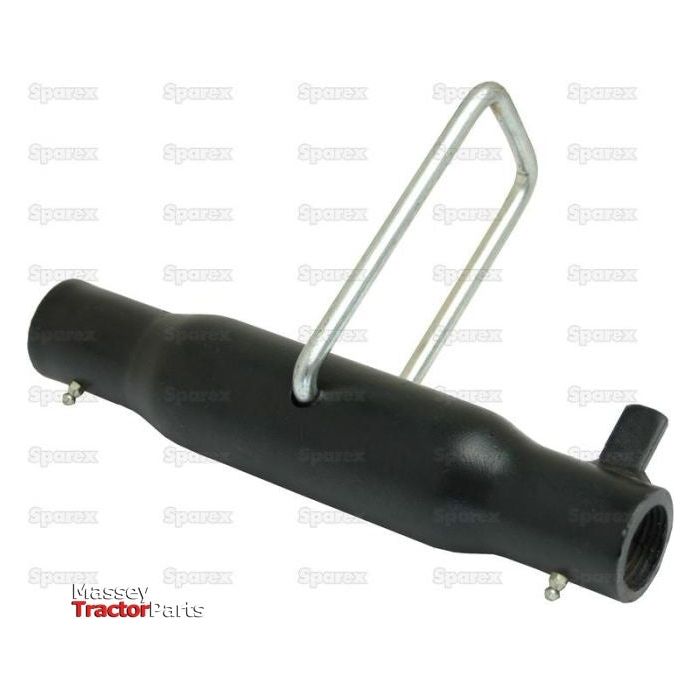 A black, cylindrical tractor part with two small screws and a metal handle from Sparex, the Top Link Centre Tube - M36x3 Metric - 360mm (S.29321), is suitable for various Massey models, set against the backdrop of the Sparex logo pattern.