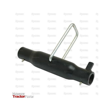 A black Top Link Centre Tube - S.29322 with a cylindrical shape and an attached metal handle, set against a background featuring repeating "Sparex" patterns. Suitable for Massey tractors, the bottom left corner displays the text "Massey Tractor Parts".