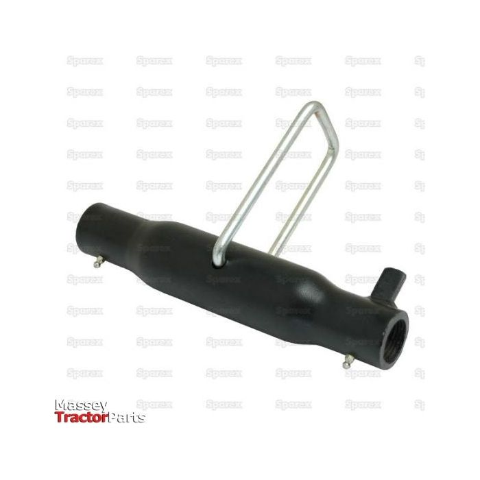 A black cylindrical tractor part with a metal handle on top, two screws on opposite sides, and a protruding connector. Suitable for various models, it features the brand name "Sparex" at the bottom left. Manufacture information is clearly labeled for easy reference. The product is known as the Top Link Centre Tube - M36x3 Metric - 460mm (S.29323).