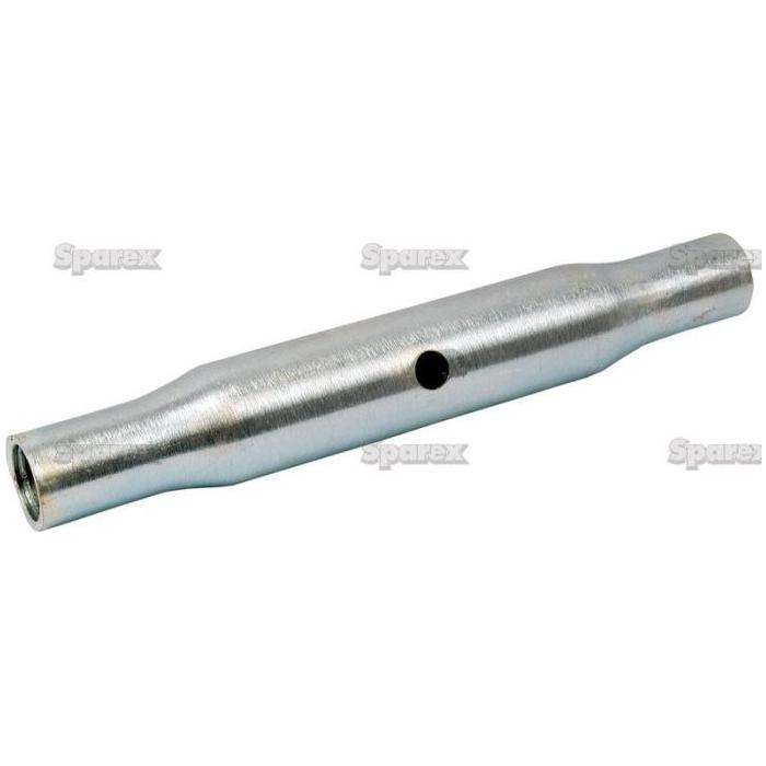The Sparex Top Link Centre Tube - S.322 is a cylindrical metal coupler featuring a small central hole, designed to connect two rods or pipes. Its smooth surface and slightly tapered ends make it suitable for various applications.