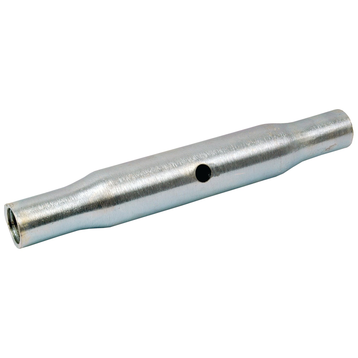 A suitable object would be the Top Link Centre Tube - S.323 from Sparex, which features a silver metal tubular design with tapered ends and a small central hole.