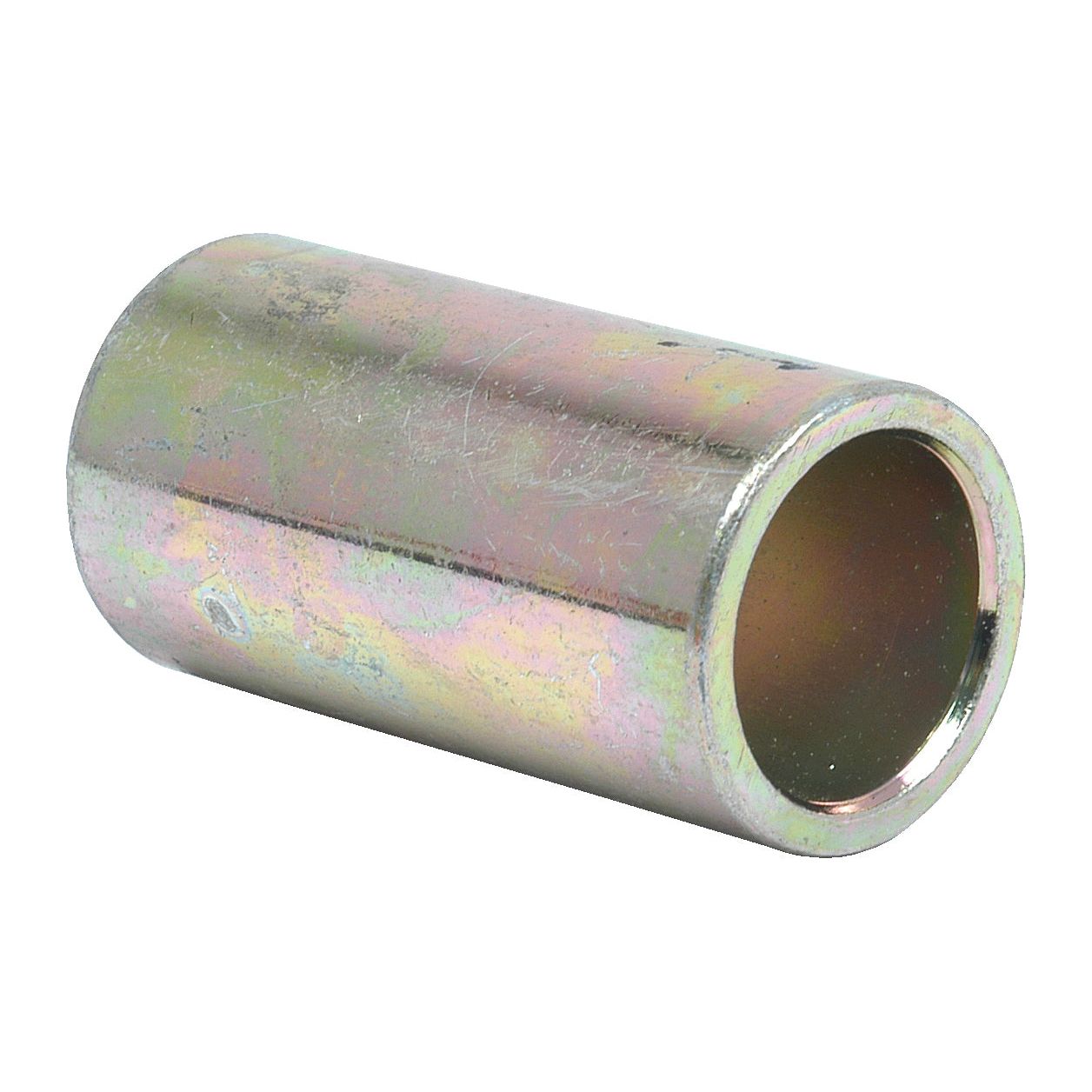 The Top Link Conversion Bush (Cat. 2 to 1) - S.353 by Sparex is a cylindrical metal spacer with a hollow center and a reflective surface, perfect for use in top link assemblies.