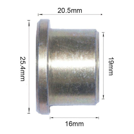 Close-up of the Top Link Conversion Bush (Cat. 2 to 1) - S.354 by Sparex, a cylindrical metal object with labeled product specifications: height 25.4mm, outer diameter 20.5mm, inner diameter 19.05mm, and base diameter 16mm.