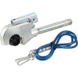 The Sparex Top Link Forged Hook - Cat. 2, with an M27 x 3.00 (RH) thread size (S.148208), features a galvanized trailer brake actuator with a coiled blue safety cable, locking mechanism, and Ø 50mm hook for secure attachment.