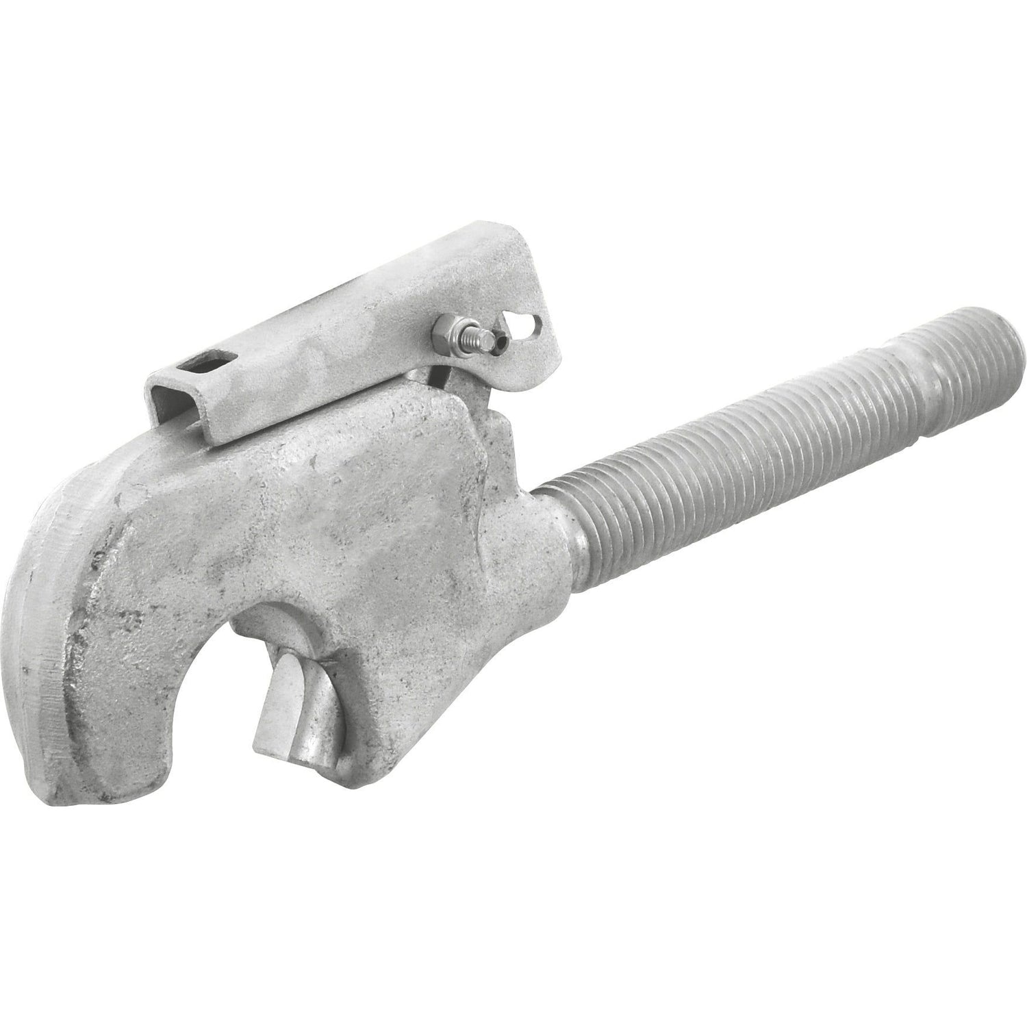 The Sparex Top Link Forged Hook End, RH (Cat. 2) - S.14292 is a durable metal clamp featuring a threaded bolt and hook-like gripping end, perfect for various fastening tasks.
