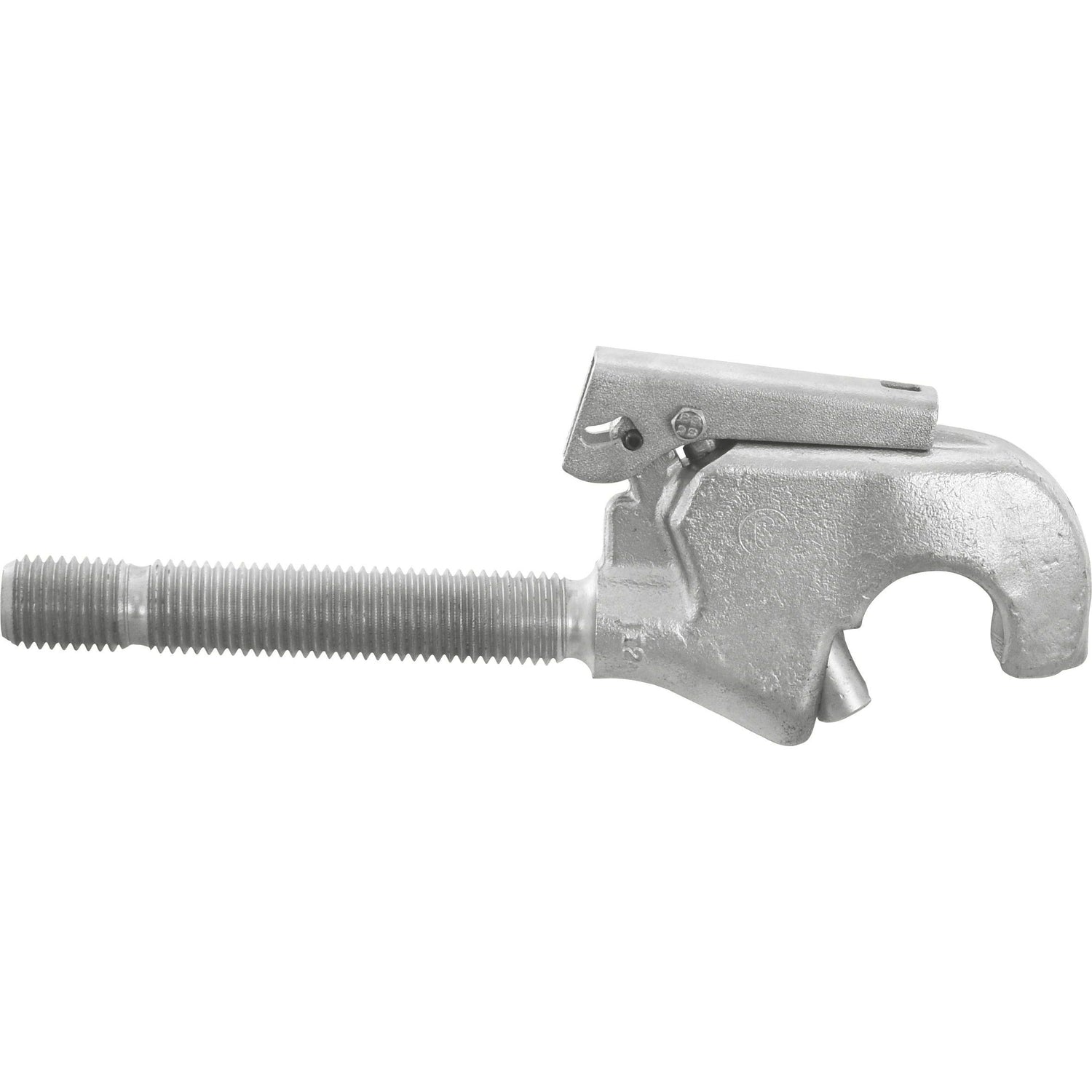 The Sparex Top Link Forged Hook End, RH (Cat. 2) - S.14292 features a threaded bolt and a hooked, levered gripping mechanism, making it suitable for various industrial applications.
