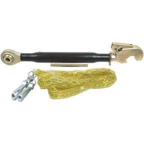 Close-up of the Top Link Heavy Duty (Cat.22mm/2) Ball and Q.R CBM Hook, 1 1/4'' by Sparex, featuring a black handle, metal fittings, a golden chain, and dual hooks attached.