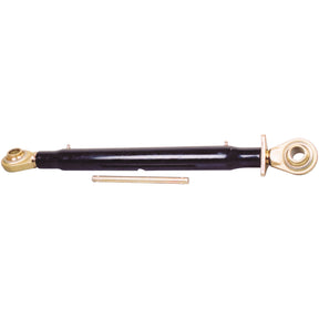 The Sparex Top Link Heavy Duty (Cat.2/2) Ball and Ball, 1 1/4'' with a minimum length of 530mm (S.16073), is a robust black mechanical rod featuring yellowish metal joints on both ends and a thin pin lying parallel to the rod, making it ideal for tractor implement parts.