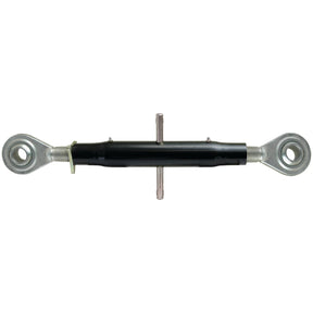 Close-up of the Sparex Top Link Heavy Duty (Cat.2/2) Ball and Ball, 1 3/8'', Min. Length: 555mm. - S.15556, featuring dual eye bolts connected by a black threaded body and centering pin.