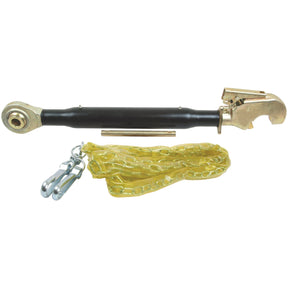 A Sparex Top Link Heavy Duty (Cat.2/2) Ball and Q.R. Hook, 1 1/4'' with a minimum length of 635mm (S.17795) in black with gold-colored end fittings and two attached hooks, next to a yellow chain, designed for heavy-duty use on tractor ends.
