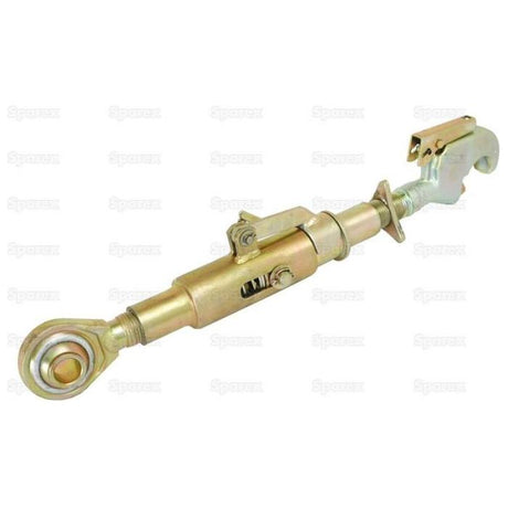 The Sparex Top Link Heavy Duty (Cat.2/2) Ball and Q.R. Hook, featuring an M36 x 3.00 thread size and a minimum length of 540mm (S.20722), is a gold-colored mechanical linkage with pivoted joints and threaded sections, designed for precise adjustments in heavy-duty machinery.