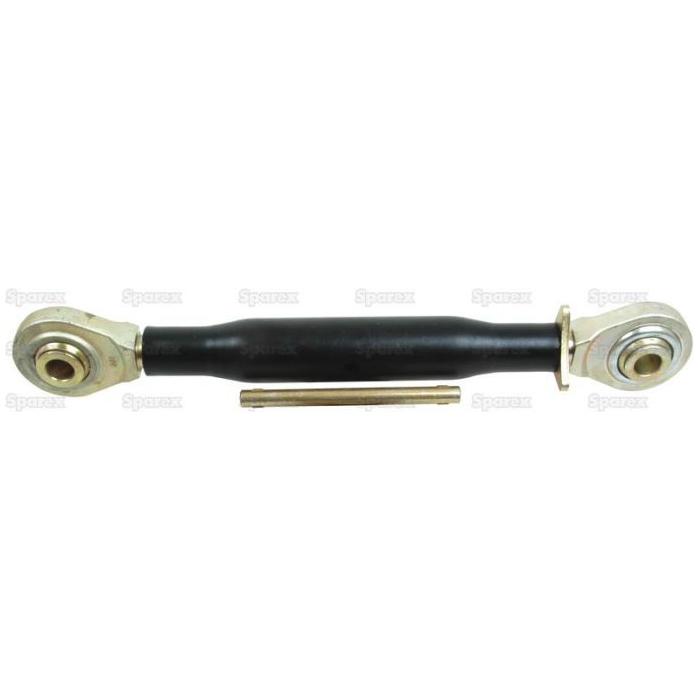 The Sparex Top Link Heavy Duty (Cat.2/3) Ball and Ball, M40x3, Min. Length: 540mm - S.52382 is a robust metal adjustable stabilizer linkage featuring a black rubber casing with gold-colored eye bolt joints at both ends, as well as a separate gold-colored pin, making it ideal for tractor implements.