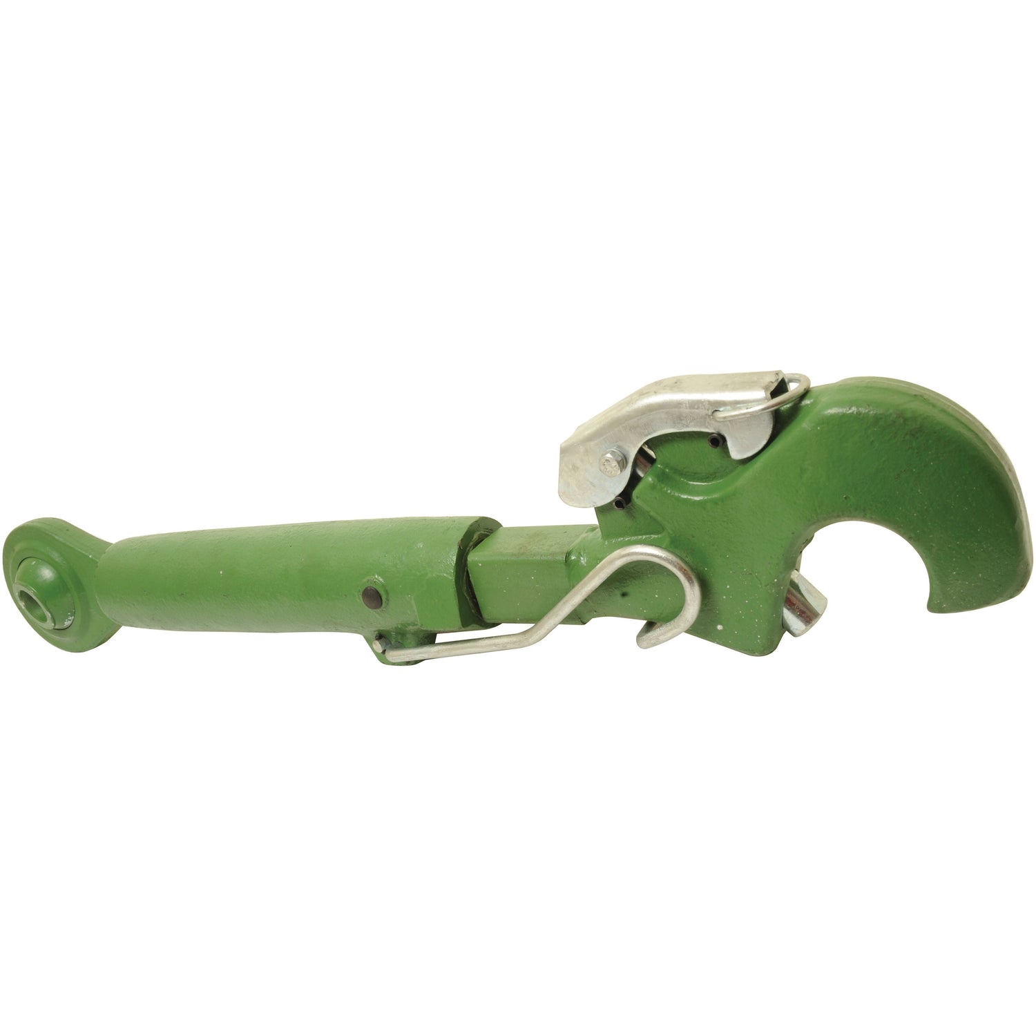Sparex Top Link Heavy Duty (Cat.2/3) Ball and Q.R. Hook, M36 x 4.00, Min. Length: 510mm - S.28784: A green metal tow hook featuring a curved latch mechanism and handle attachment, suitable for various towing needs.
