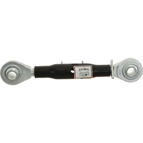 Image of the Sparex Top Link Heavy Duty (Cat.3/3) Ball and Ball, M36 x 3.00, Min. Length: 670mm - S.16843, with metal eyelets on both ends and a black central body. A barcode is attached to the middle section, highlighting its robust construction.
