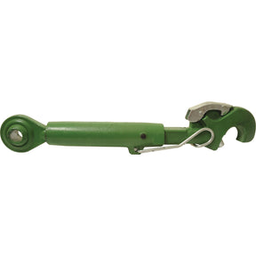 The Top Link Heavy Duty (Cat.3/3) Ball and Q.R. Hook, M36 x 4.00, Min. Length: 590mm - S.150432 by Sparex is a robust green mechanical tractor top link featuring a hook and safety latch, perfect for securing and adjusting agricultural implements. Compatible with John Deere tractors, this reliable component is an essential addition to your agricultural tool kit.