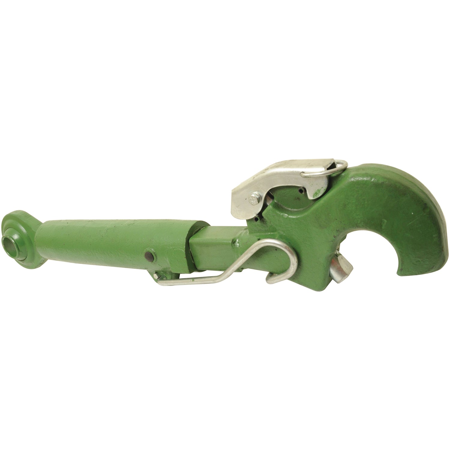 A Top Link Heavy Duty (Cat.3/3) Ball and Q.R. Hook, M36 x 4.00, Min. Length: 590mm - S.150432 from Sparex, featuring a green locking clamp tool with a robust metal latch mechanism, suitable for John Deere tractor parts.