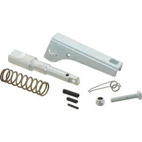 The Sparex Top Link Hook Repair Kit (Cat. 2) | Sparex Part No.S.33048 includes a set of metal hardware components such as a spring, pins, screws, a hex nut, and two larger parts with holes and notches. This versatile kit from Sparex is ideal for various repair needs.