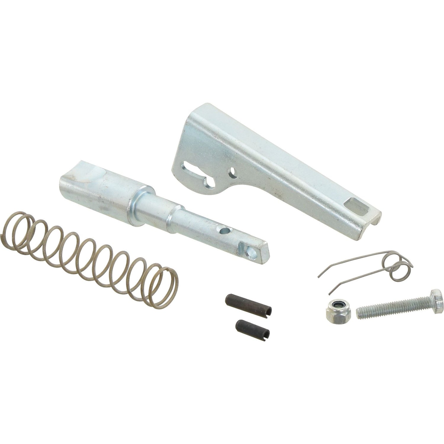 The Top Link Hook Repair Kit (Cat. 3) by Sparex, Part No. S.14636, includes metal hardware components such as a spring, a bolt with a nut, two small cylinders, and two angular metal brackets, making it ideal for use with Sparex category 3 lower link hooks.