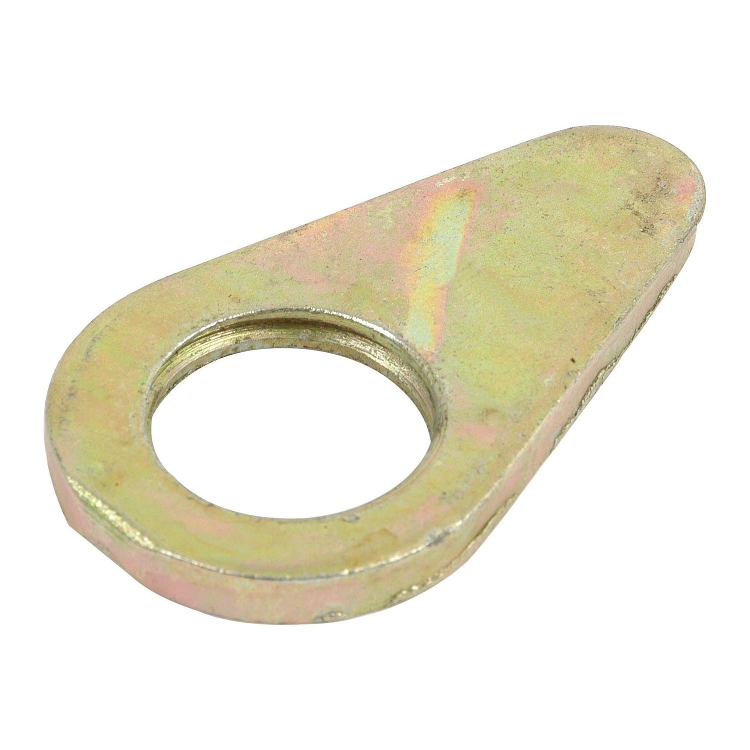 The Top Link Locking Collar (Cat. 1/2) - S.348 by Sparex is a golden, teardrop-shaped metal bracket featuring a circular hole near its base, designed to accommodate various thread sizes.