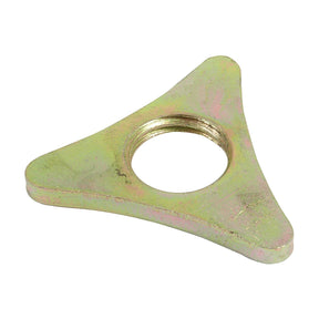 The Top Link Locking Collar (Cat. 2) - S.15553 by Sparex is a heavy-duty, triangular metal washer with a central circular hole, displaying a greenish-golden tint and minor surface wear; it is suitable for 1 1/4'' UNC bolts.