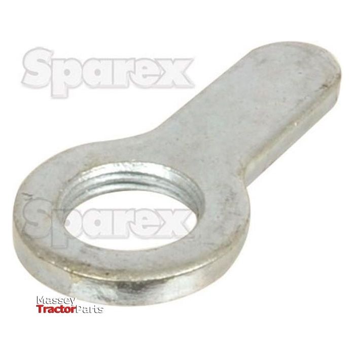 A Top Link Locking Collar (Cat. 2) - S.32977, made by Sparex, featuring a robust zinc-plated finish with an eye nut design and a threaded central hole, complete with an elongated tab. The word "Sparex" is prominently visible as a watermark in the background and "Massey Tractor Parts" is clearly marked in the corner. Ideal for various heavy-duty applications, this product ensures reliable performance for demanding tasks.