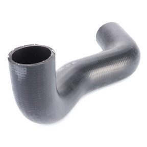 The AGCO Massey Ferguson Top Radiator Hose (Part Number: 3801167M1) is a black, corrugated rubber hose designed with a prominent curve, ideal for automotive or mechanical applications involving the direction of fluid or air. Specifically tailored to fit Massey Ferguson 4200 Series tractors.