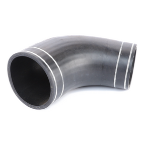 A Massey Ferguson - Top Radiator Hose (4290855M1) by AGCO, featuring a black 90-degree rubber elbow with ribbed detailing, suitable for Massey Ferguson 5400 Series and 6400 Series tractors.