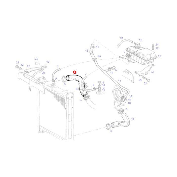 Diagram of a vehicle cooling system, featuring a hose labeled with the number 8. Various components such as the radiator, reservoir, and thermostat housing are indicated by their respective numbers. The top radiator hose used in this system is the Fendt - Top Radiator Hose (515200050040) from AGCO, crafted from high-quality materials to ensure durability and performance.