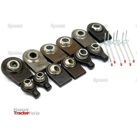 A set of Top and Lower Link Weld On Ball Ends (12 pcs.) by Sparex, along with five cotter pins labeled under Tariff Code 7303009090, are displayed in rows on a white background.