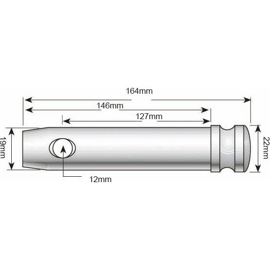 Diagram of a cylindrical object with dimensions indicated: overall length 164mm, and various segment lengths of 146mm, 127mm, and 12mm. Diameter at different points noted as 19mm and 22mm. A detailed reference for the Top Link Pin (19x127mm) Cat. 1 by Sparex (Sparex Part No.S.77), typically used in Ford / New Holland equipment.
