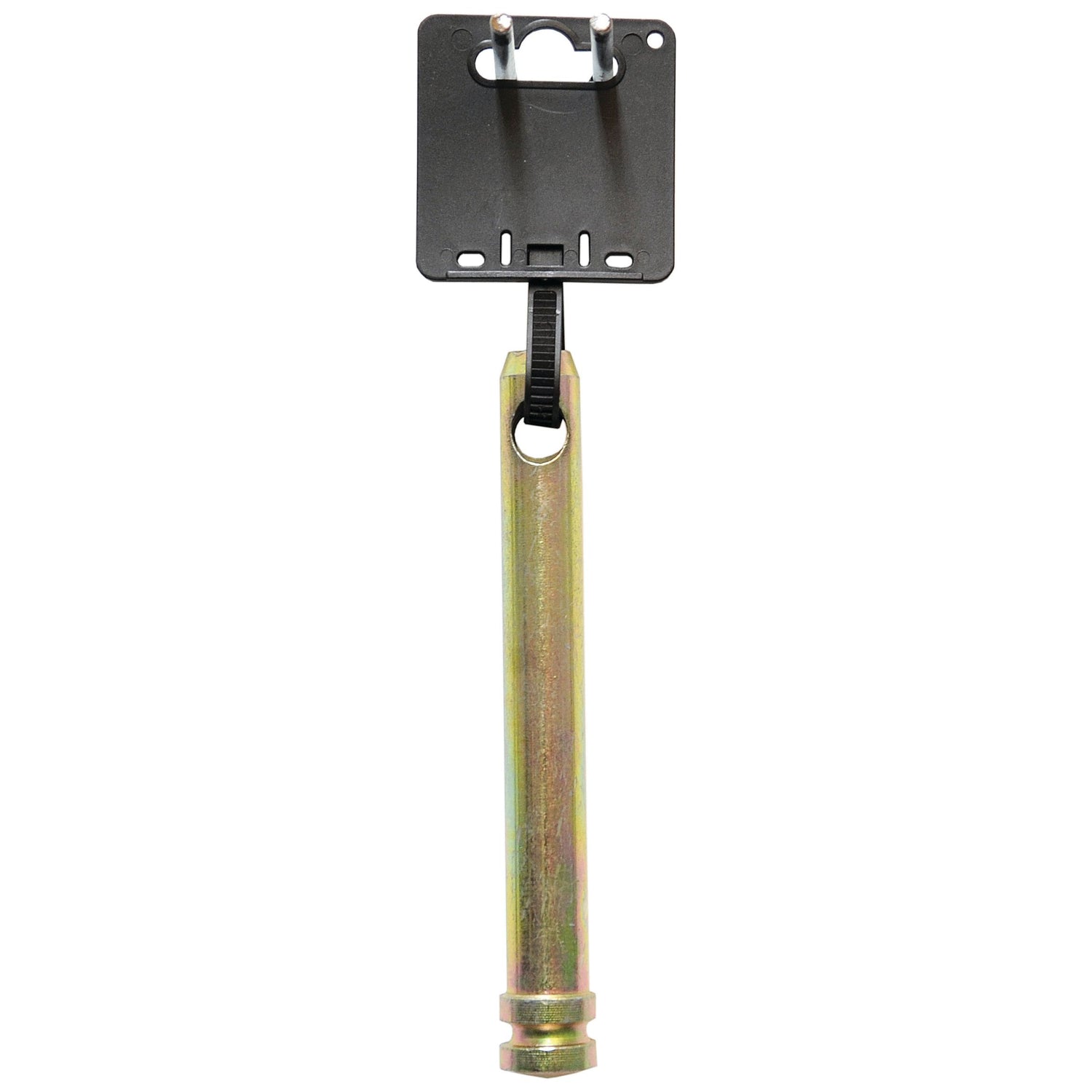 The Top Link Pin - S.900077 is a metal bracket connected to a vertical rectangular metal rod with a hook, compatible with Sparex parts and designed for Category 1 hitches using a Standard Pin.