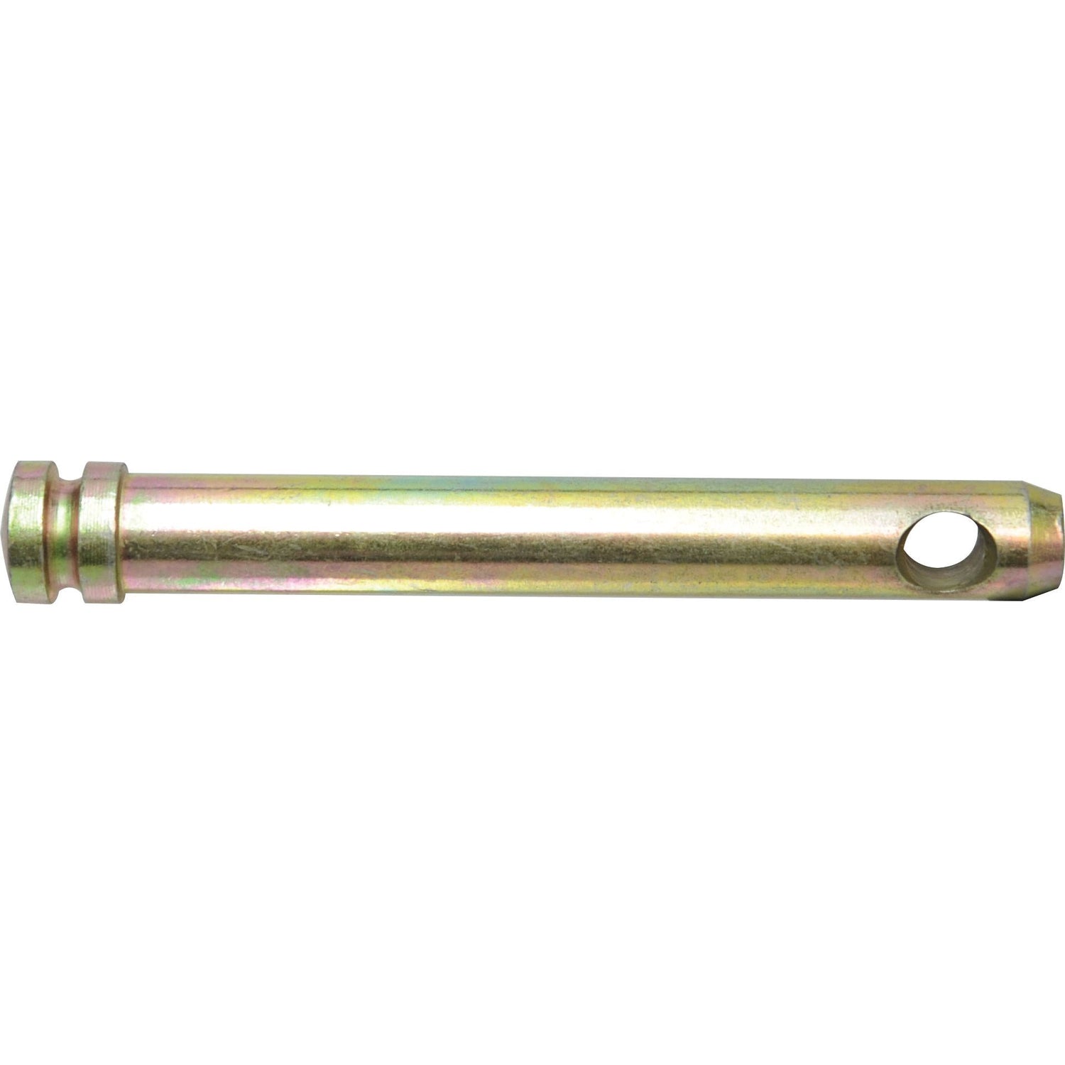A cylindrical metal rod with a round hole near one end and two ring-like grooves at the other end, resembling the Top Link Pin - S.900077 from the Sparex collection.