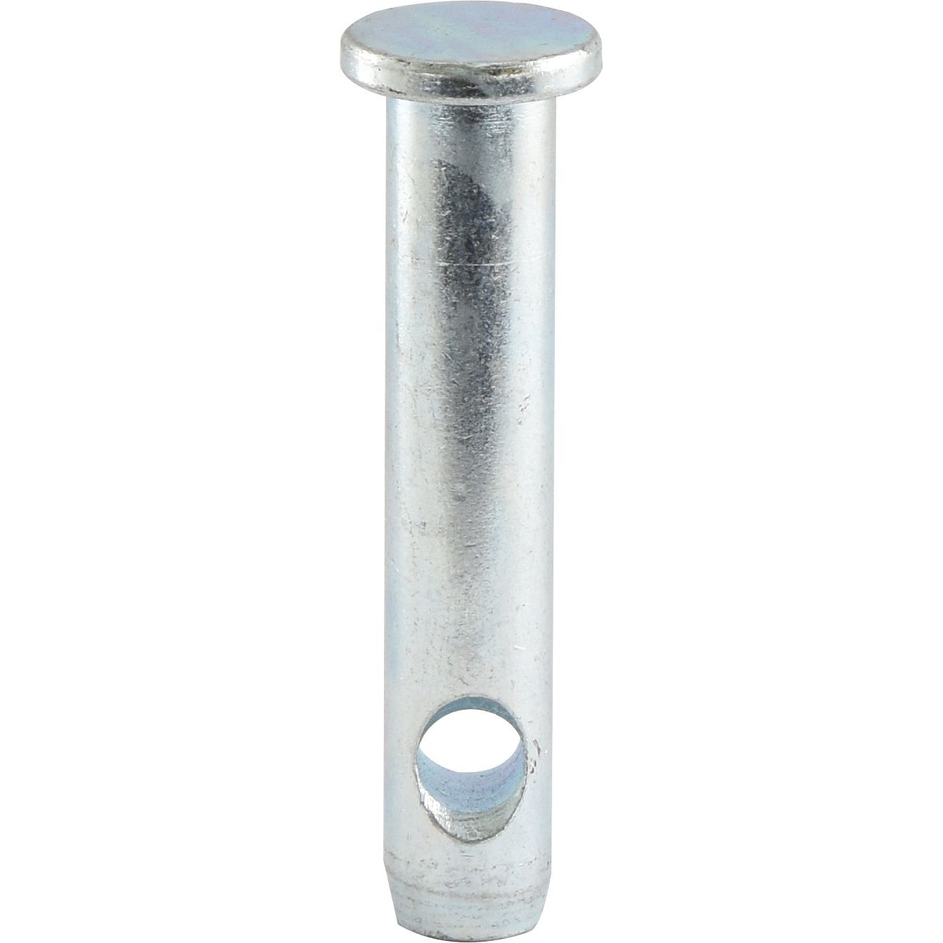 The Sparex Top Link Pin 19x76mm Cat. 1 - S.15012 is a metal pin featuring a flat head, cylindrical body, and a hole near the base, specifically designed for use in bolt securing systems.
