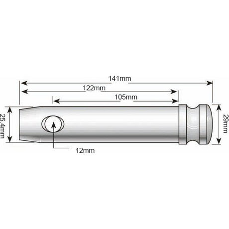 Illustration of a cylindrical object labeled "Top link pin 25x105mm Cat. 2 | Sparex Part No.S.425" by Sparex, with dimensions indicated: overall length 141 mm, width 29 mm, inner measurements of 105 mm and 122 mm, a side cutout of 12 mm, and Pin Ø specified.