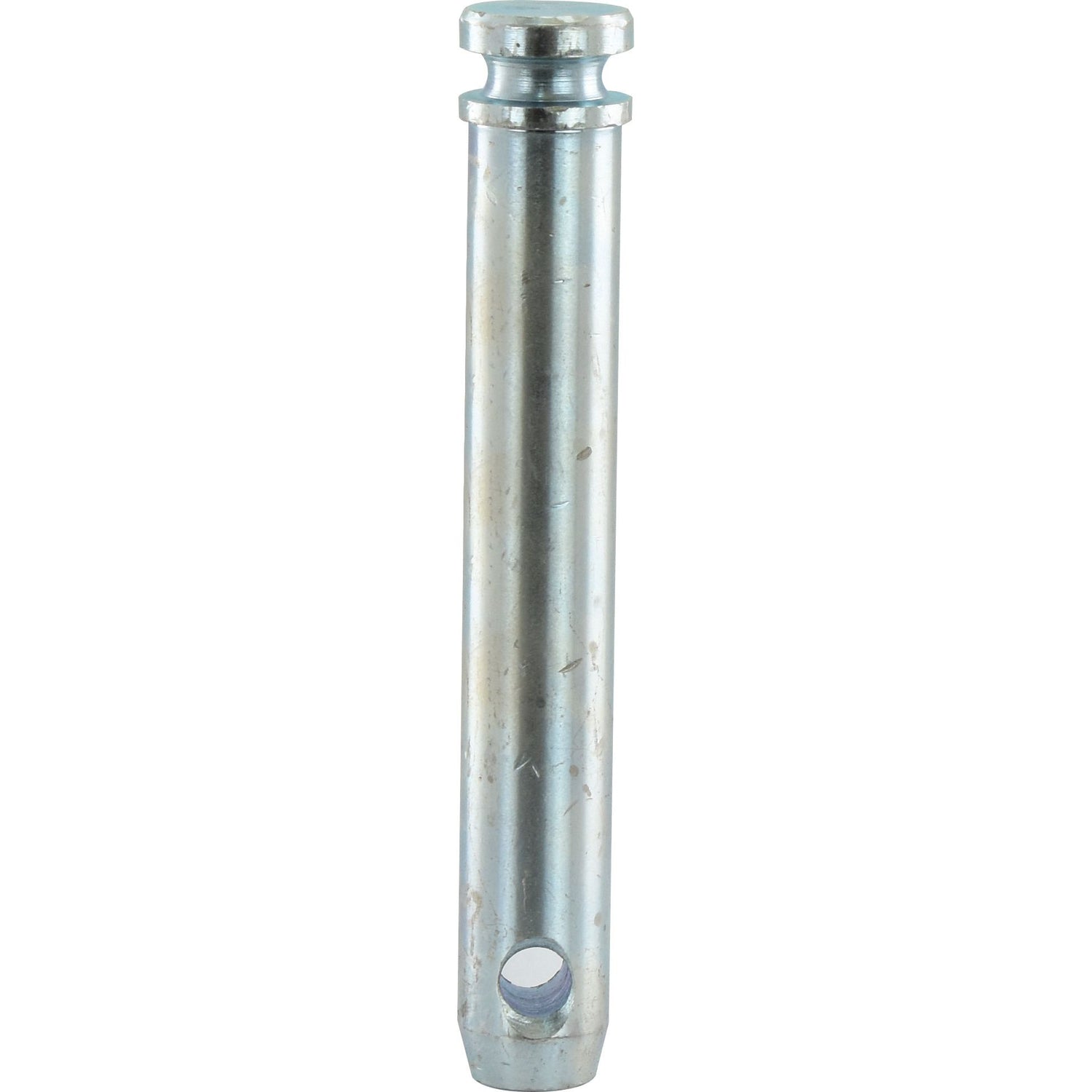 A Sparex Top Link Pin 25x142mm Cat. 2, with a hole near its bottom and a grooved top end, is designed with an overall length suitable for various applications.