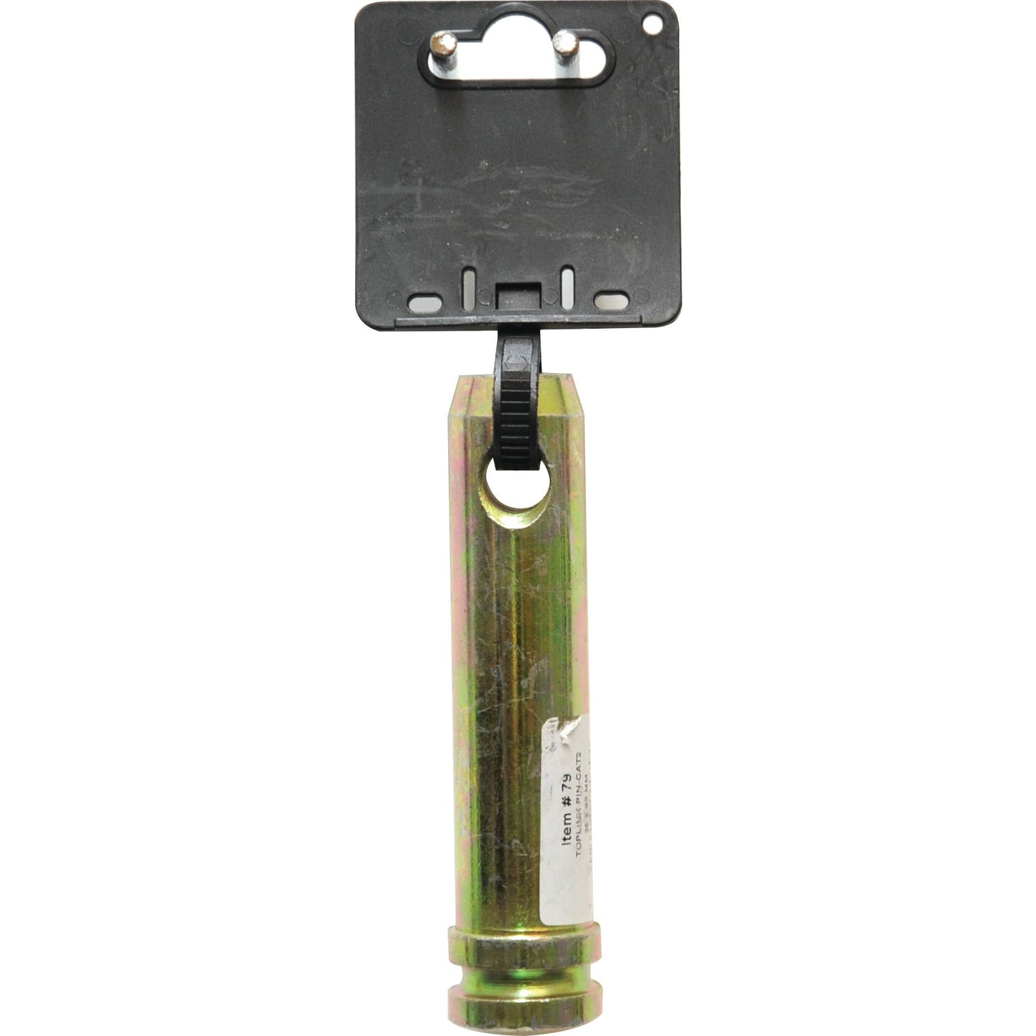 The Top Link Pin - S.900079 by Sparex is a gold-colored metal cylinder tool with a hexagonal middle section, measuring 121mm in overall length, and features a black plastic hanger attached at the top.